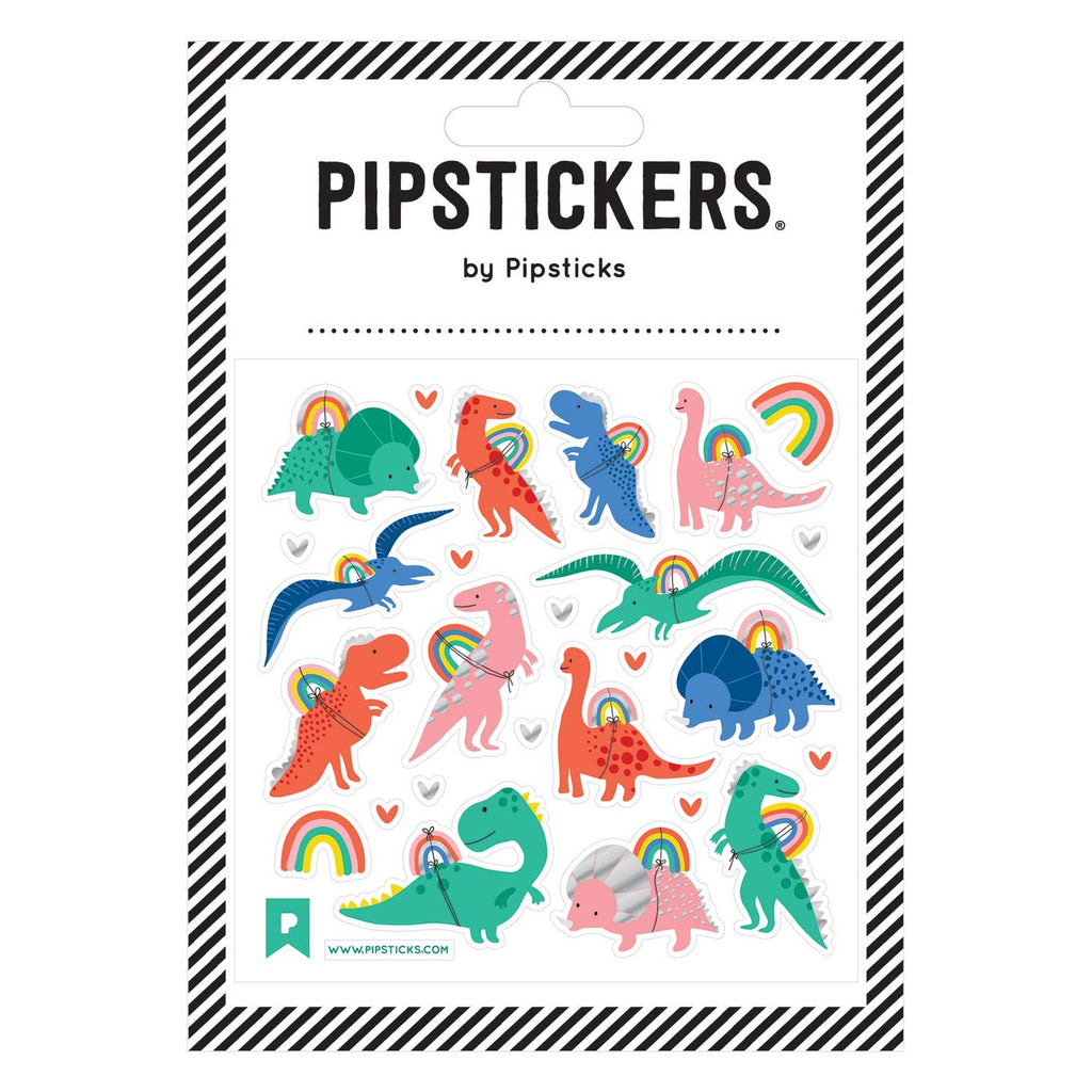 White background with images of red, blue and green dinosaurs with rainbows tied onto them. 