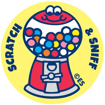 Sticker sheet with yellow background and images of gumball machine filled with gum balls. 
