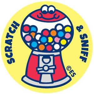 Sticker sheet with yellow background and images of gumball machine filled with gum balls. 