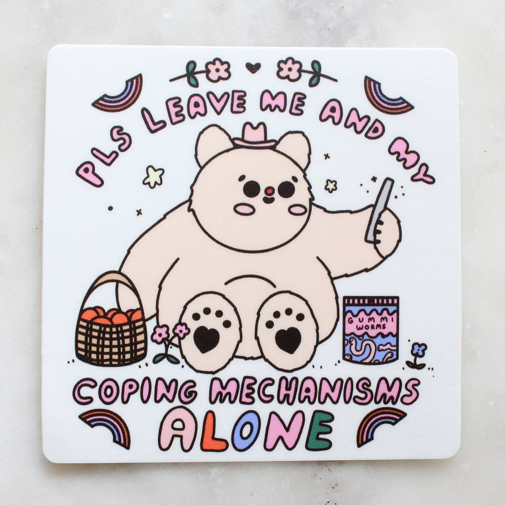 Sticker with white background and image of a pink bear wearing a hat and sitting with a package of gummy worms and a basket of snacks. Pink text says, "Pls leave me and my coping mechanisms alone". 