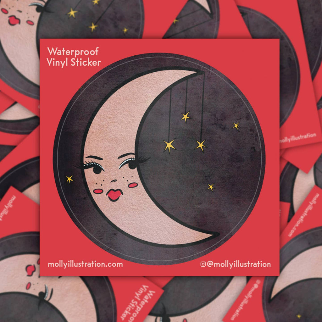 Decorative sticker with black background and image of a crescent moon with a face and pouty lips.