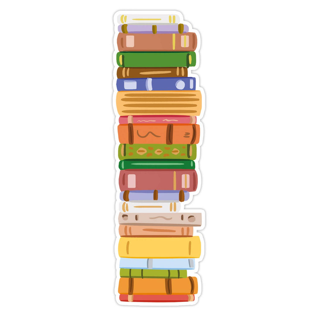Image of bookmark with stack of books in different colors,. 