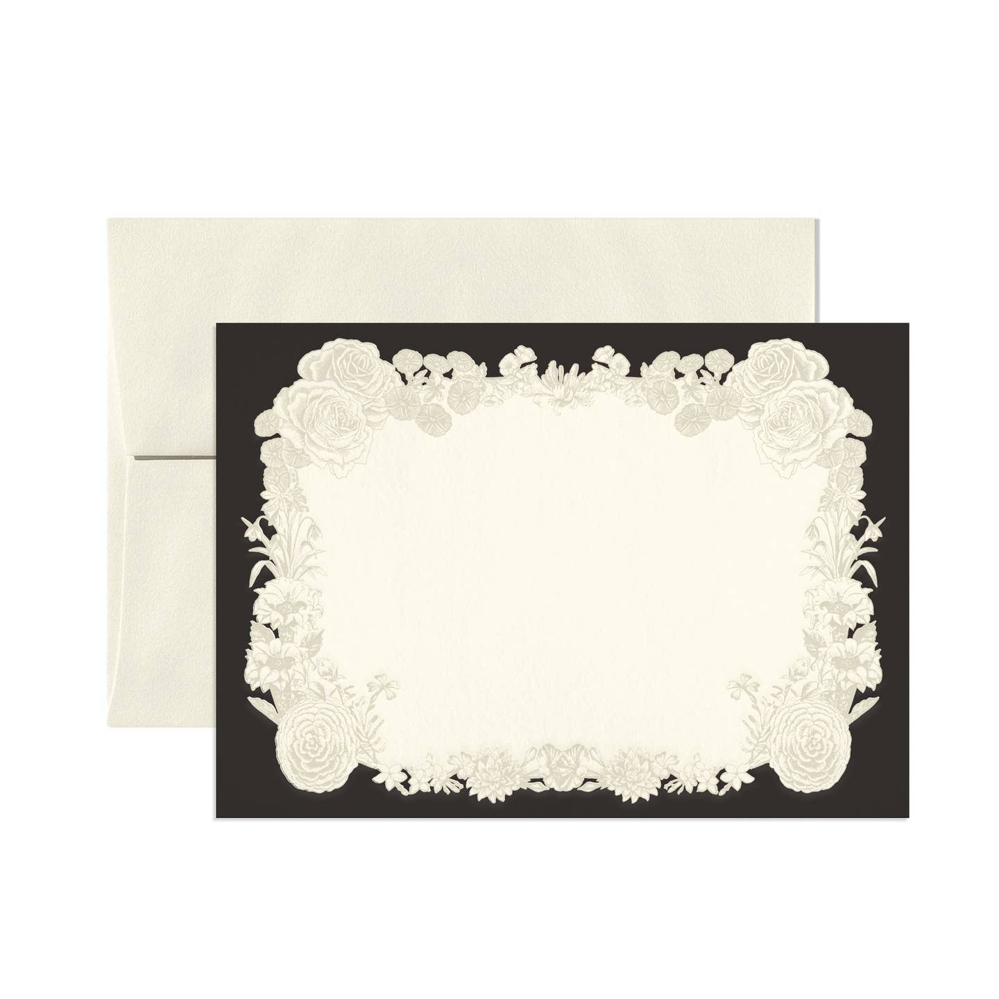 Note card set with black border and white center with images of wreath of white flowers. Cream envelopes included.
