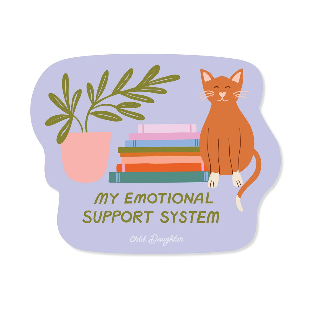 Decorative sticker with lilac background and images of a plant, a stack of books and a brown cat with olive text says, "My emotional support system". 