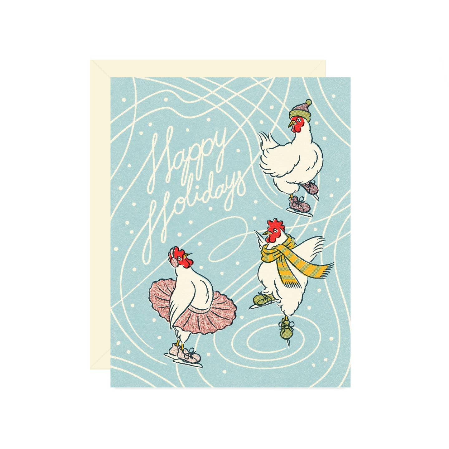 Greeting card with blue background and images of three white chickens ice skating and white text says, "Happy Holidays". Envelope included.
