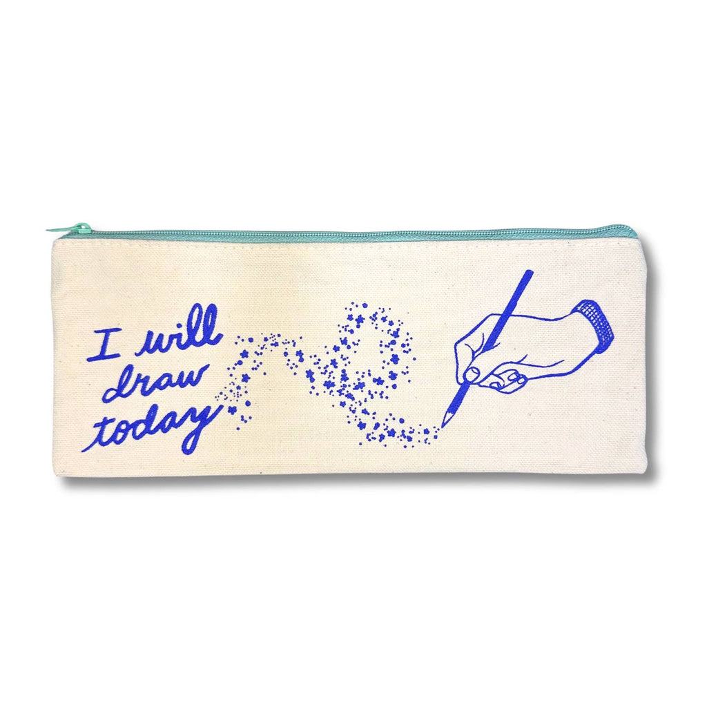 Image of a pencil pouch with image of a hand holding a pen and drawing a path of stars and doodles in blue. Blue text says, "I will draw today". 