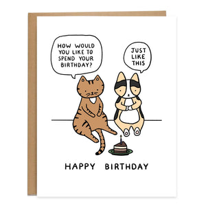 White background with image of tan, black and white corgi and a brown cat with black stripes sitting and looking at a piece of brown and white cake with a candle. Black text for cat says “How would you like to spend your birthday?” and corgi says “Just like this” with “Happy Birthday” below. Kraft envelope included.