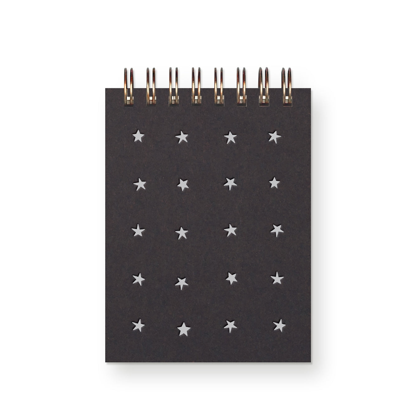 Pocket notebook with black cover with white stars in a grid pattern with a coiled binding at top. 