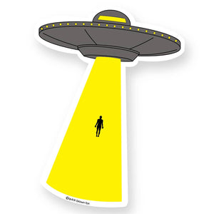 Image of grey flying saucer with yellow lights and a yellow beam of light from the bottom with the black outline of a person.