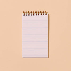 Pocket sized notebook with white background and light blue lines with coiled binding at top. 