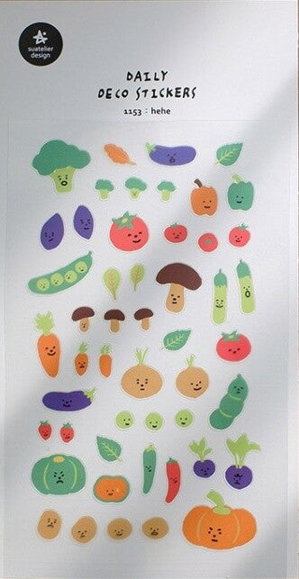 Decorative sticker sheet with white background and images of vegtables in bright colors.