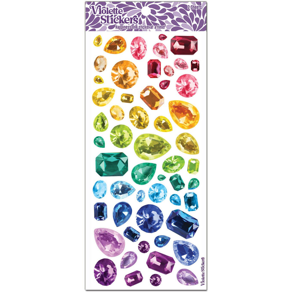 Sticker sheet with clear background and images of gem stones in rainbow colors and pear, round, square shapes. 