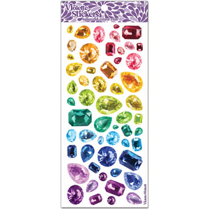 Sticker sheet with clear background and images of gem stones in rainbow colors and pear, round, square shapes. 