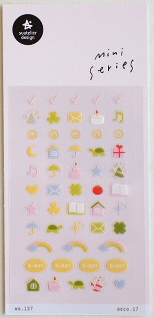 Decorative sticker sheet with white background and images of tiny stickers of rainbows, letters, cake, presents and houses.