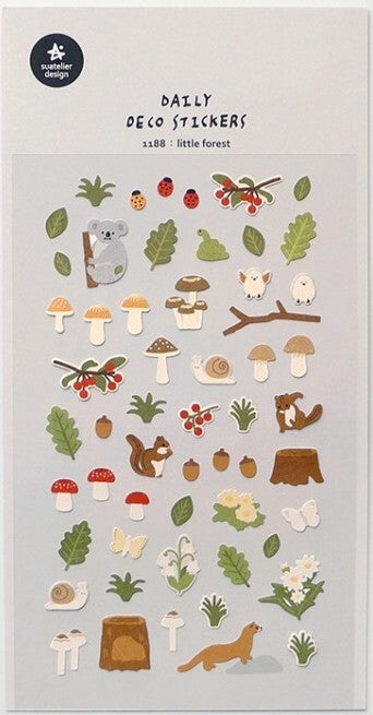 Decorative sticker sheet with grey background and images of nature items.