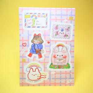 Sticker sheet with blue and pink background and images of postal workers and mail, envelopes.