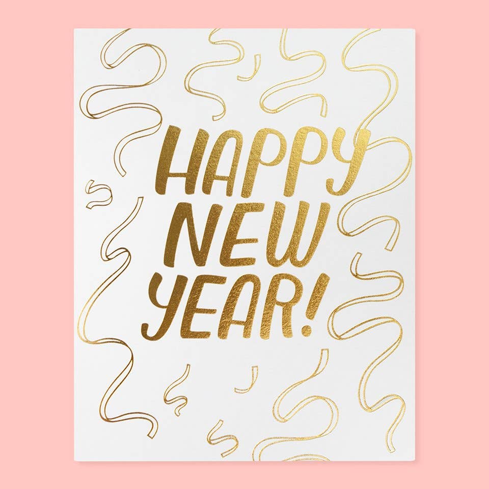 Greeting card with white background and gold shiny streamers and gold text says, "Happy New Year!". Envelope included. 