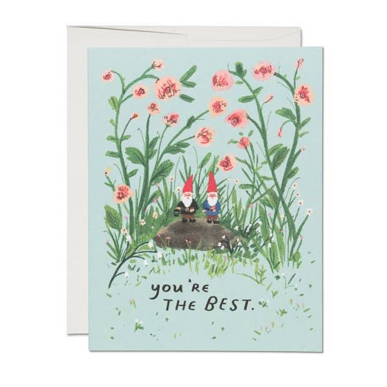 Greeting card depicting 2 small gnomes with red pointy hats standing on a rock with tall flowers behind them. Text sys "You're the best"