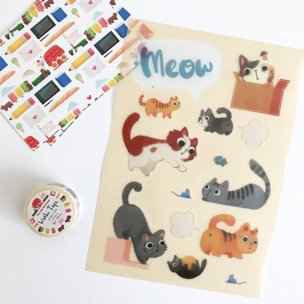 Image of sticker sheet of washi stickers in images of orange, black, white and grey cats.