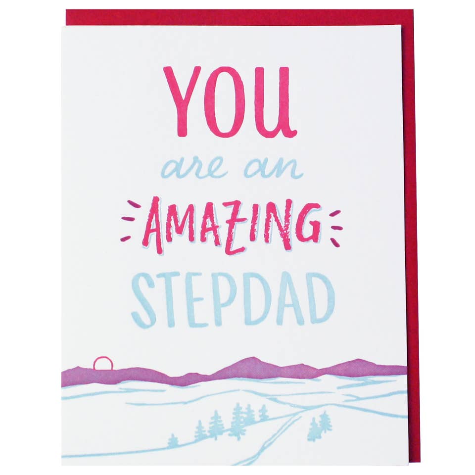 Greeting card with white background and image of mountain range in lilac  and pink and blue text says, "You are an amazing Stepdad". Red envelope included.