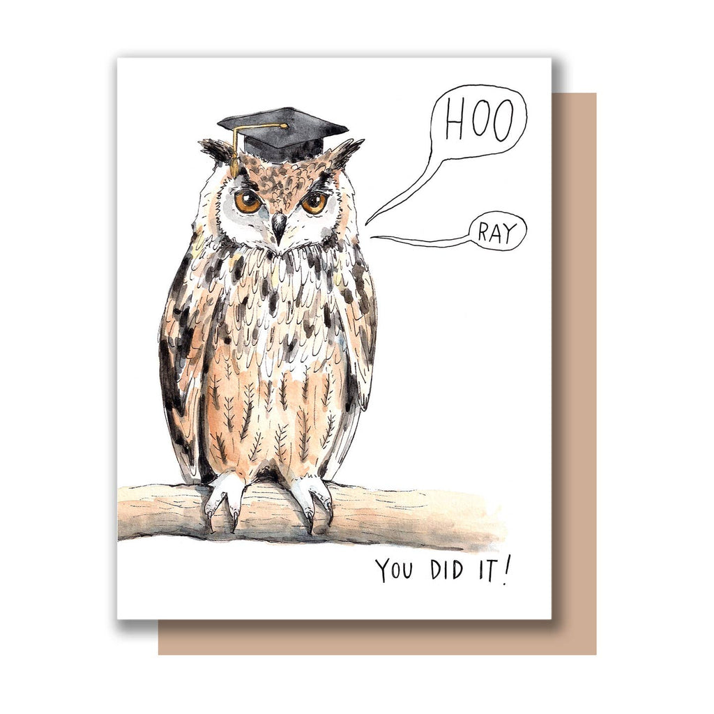 Greeting card with white background and image of an owl in a graduation cap with black text says, "Hoo, Ray, You did it!". Kraft envelope included. 