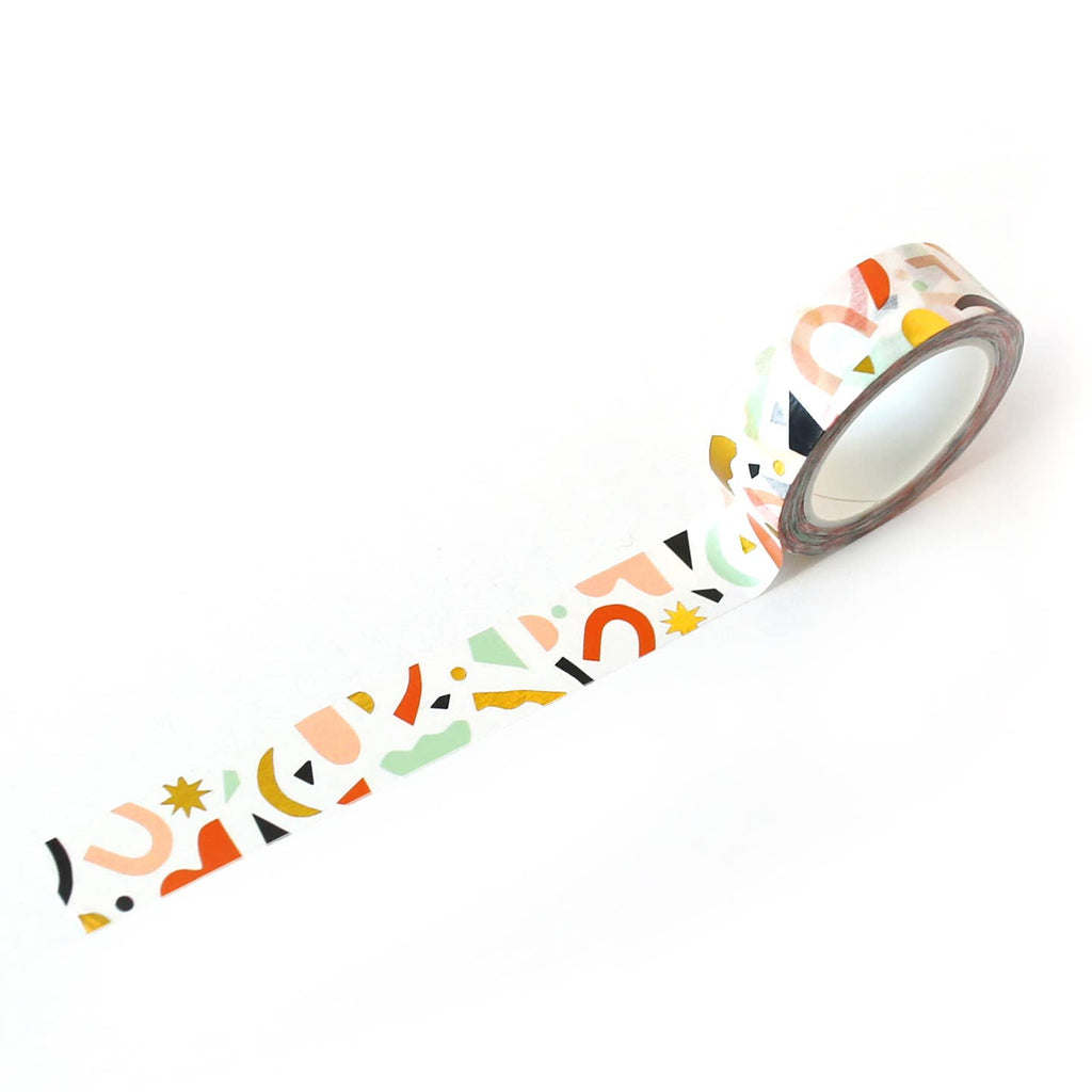 Image of roll of washi tape with red, pink, mint green, black and gold foil confetti shapes. 