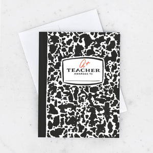 Greeting card with black and white background with white rectangle and binding. Red text says, "A+" and black text says, "Teacher awarded to" with line for name. White envelope included. 