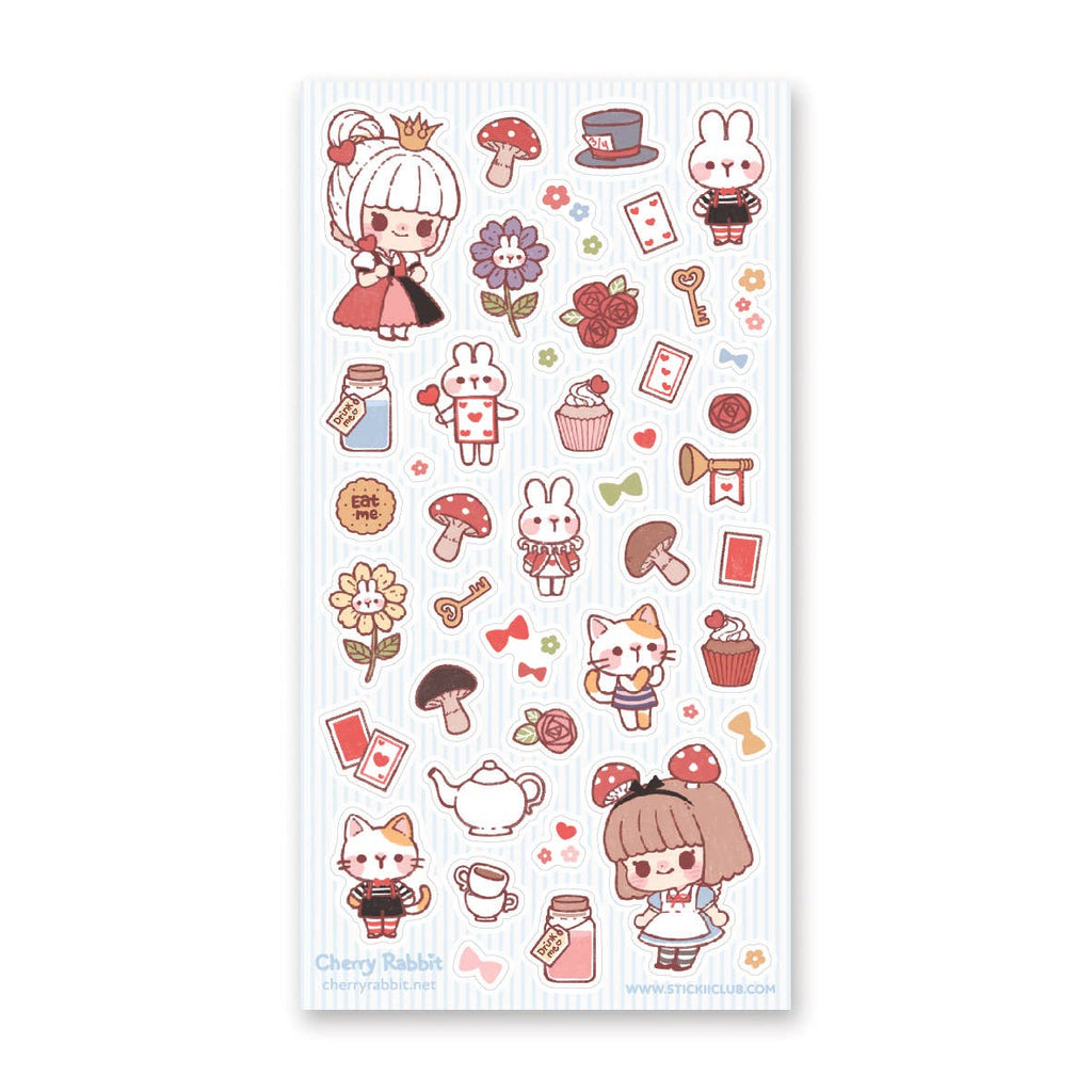 Sticker sheet with images of girls, bunnies, kitties and storybook items. 