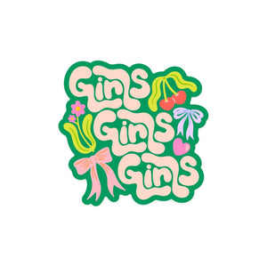 Decorative sticker with green background and pink text says, "Girls, girls, girls" with bows, flowers and cherries. 