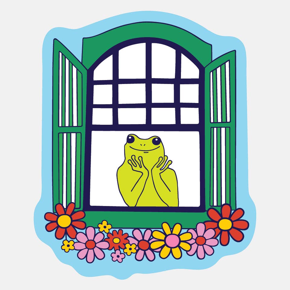 Decorative sticker with image of a green frog sitting in a window. 