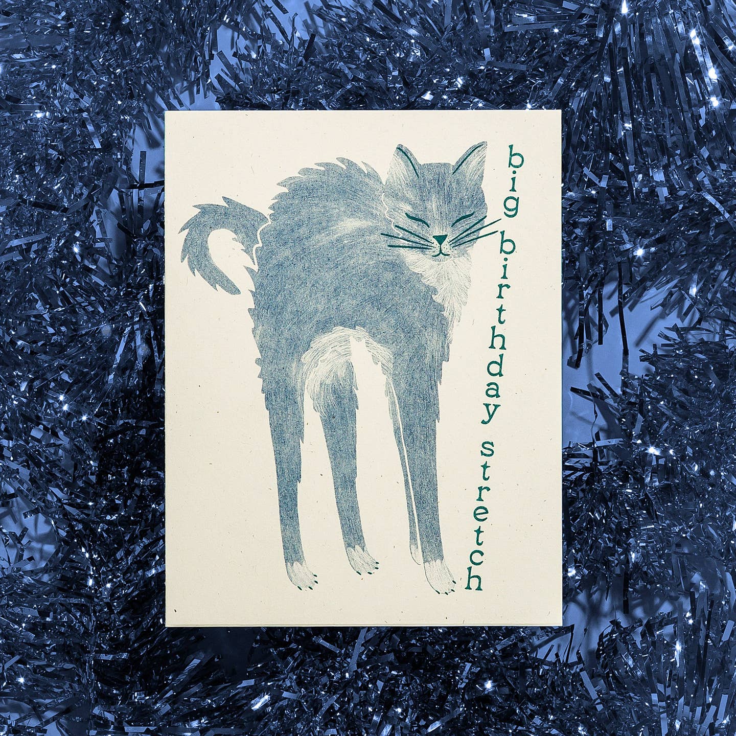 Greeting card with cream background and image of a blue cat with arched back and blue text says, "Big birthday stretch". Envelope included.