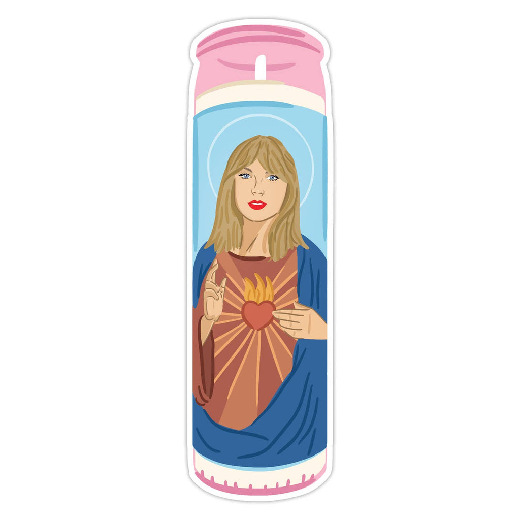 Image of bookmark of Taylor Swift candle in pink, blue and white.