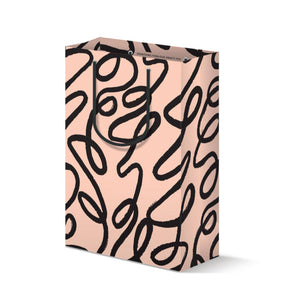 Light pink gift bag with black painted-looking squiggles. Black braided handles