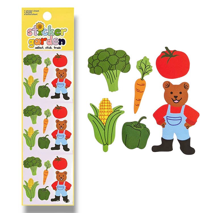 Image of sticker sheet of vegetables and farmer bear.