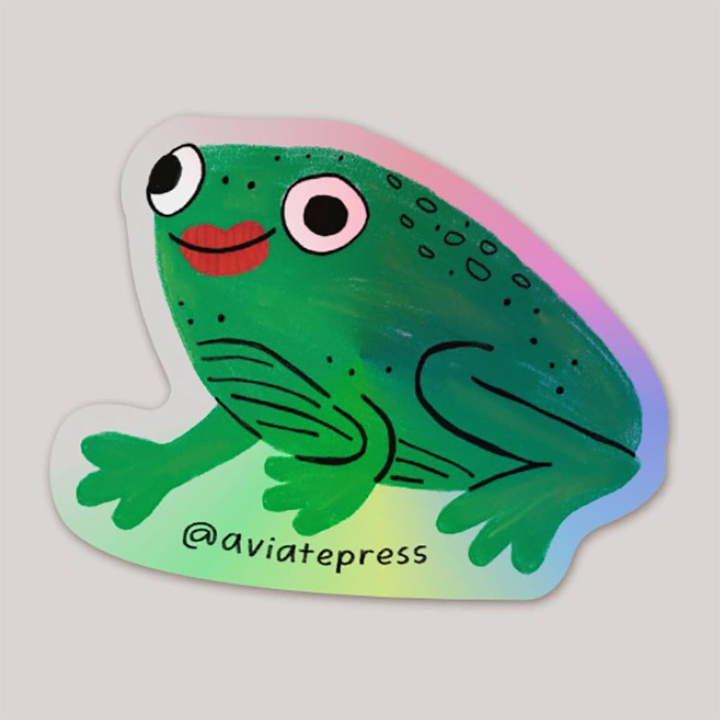 Image of green frog wearing red lipstick with holographic accents. 