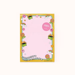 Notepad with pink background and gold border with blue stripe and rainbows, dumpsters on fire, smiley faces, stars and you tried ribbons along edge. White text says, "Everything's gonna be okay-ish". 