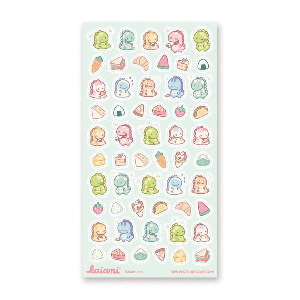 Sticker sheet with images of tiny dinosaurs with snacks in pastel colors like tacos, cakes, croissants and pizza. 