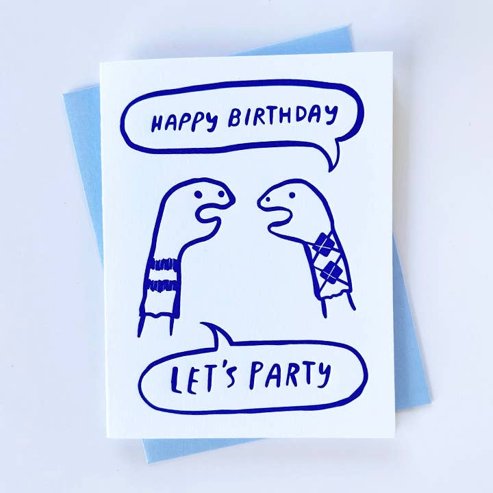 Greeting card with white background and blue images of two sock puppets with blue text says, "Happy birthday" and "let's party". Light blue envelope included. 