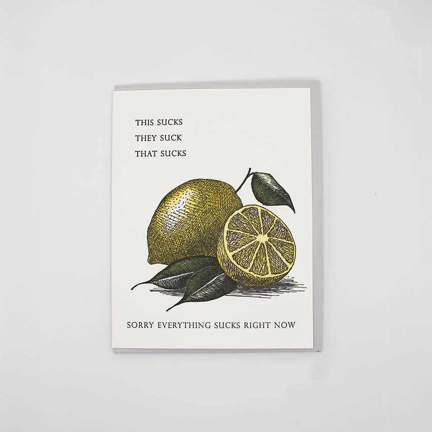 Greeting card with white background and image of lemons with grey text says, "THis sucks, they suck, that sucks, Sorry everything sucks right now". Grey envelope included.