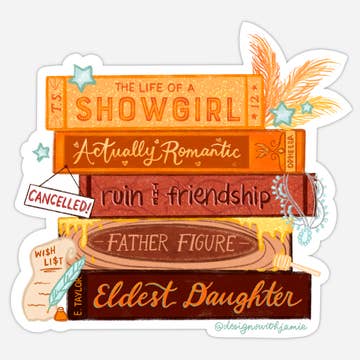 Decorative sticker with image of a pile of books in orange, yellow and brown and names of Taylor Swift songs on binding.