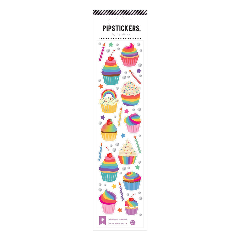 Sticker sheet with white background and images of cupcakes in rainbow colors.