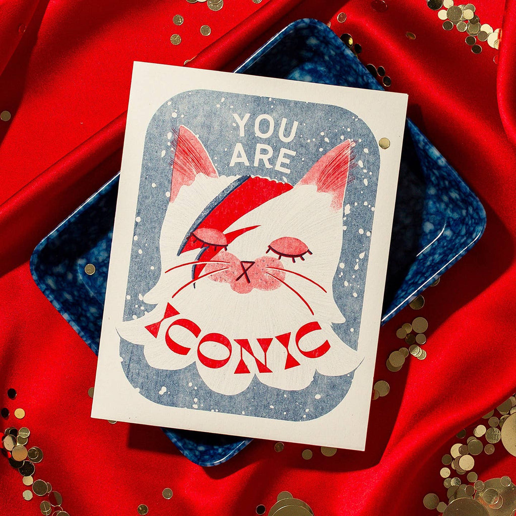 Greeting card with white border and blue background with red, white and blue cat face with lightening bolt on face. White and red text says, "You are iconic". Envelope included.