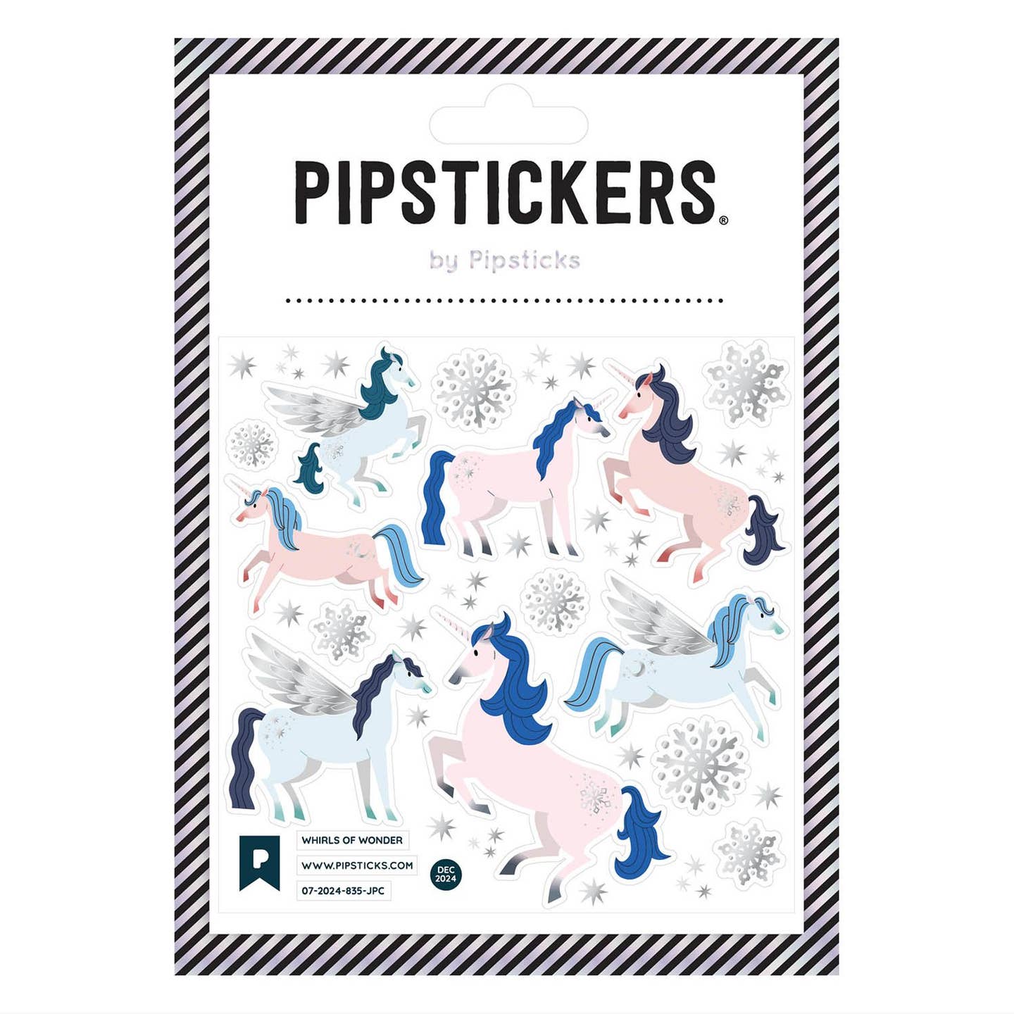 Decorative sticker sheet with images of unicorns in pink and blue with glittery snowflakes. 