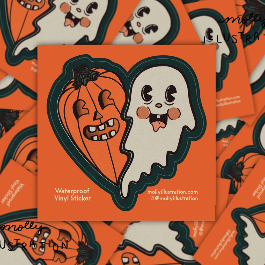 Decorative sticker with image of heart shape made of a pumpkin and a ghost image.