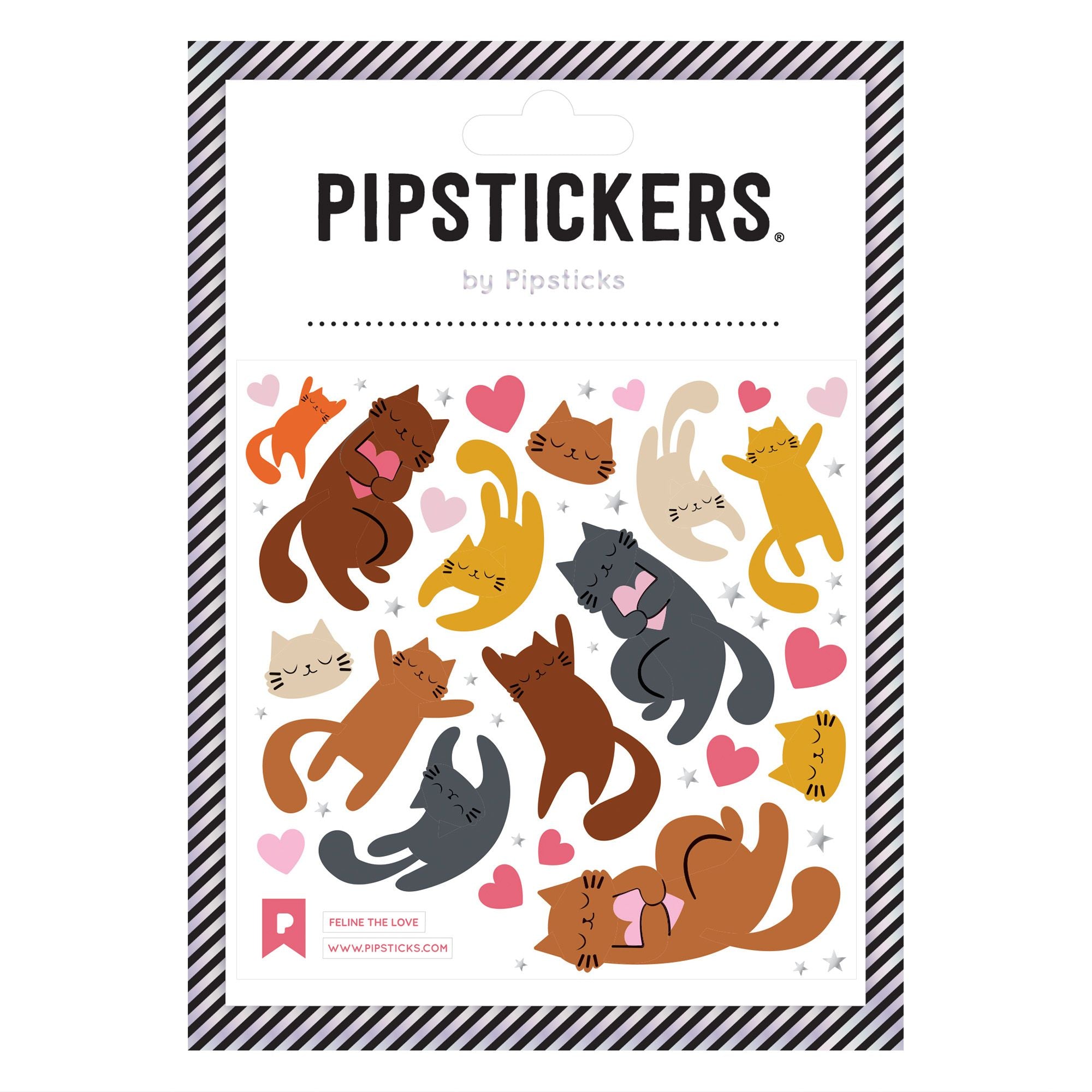 Sticker sheet with images of cats holding hearts in tan, gold, brown and dark grey. 