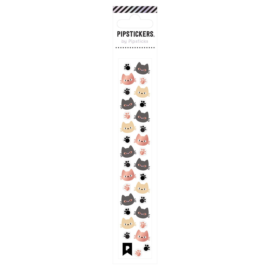 Sticker sheet with images of cat's faces and paw prints in grey, pink and tan. 