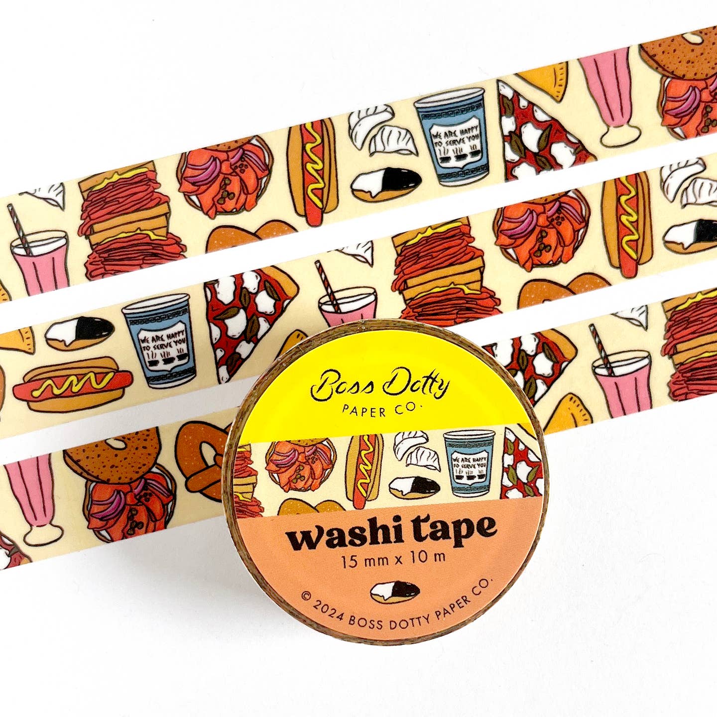 Decorative tape with tan background and images of NYC foods including pizza, coffee, bagel and hot dog. 