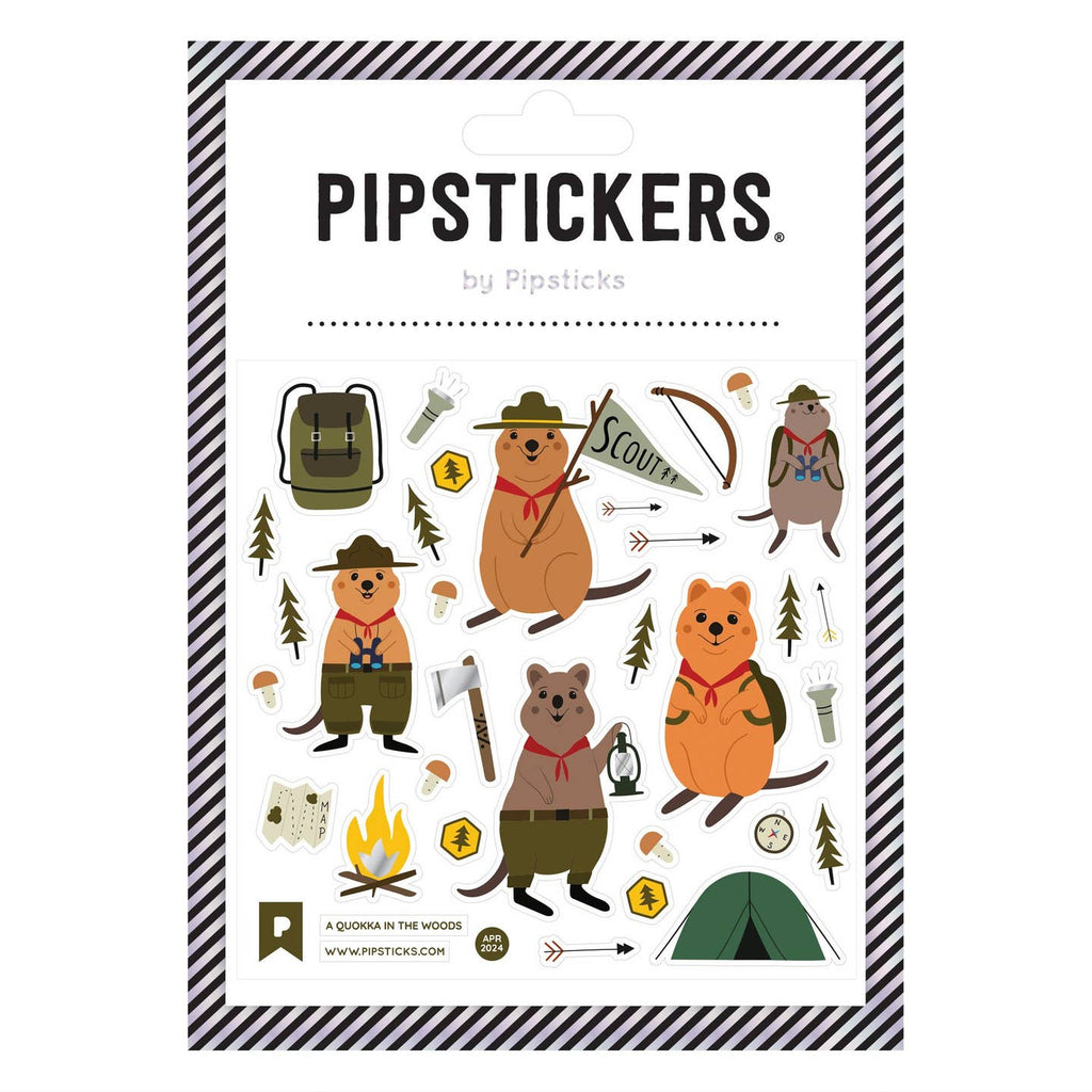 Sticker sheet with white background and images of quokkas wearing scouting clothes and images of trees, axes and backpacks. 