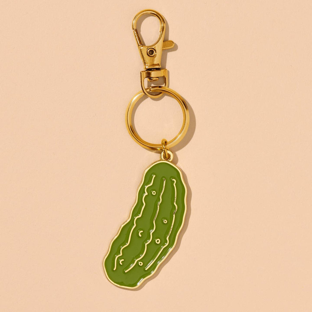 Image of pickle key chain charm with gold ring and clip. 