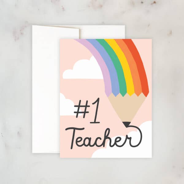 Greeting card with background of pink sky and white clouds with rainbow pencil and black text says, "#1 Teacher". Envelope included. 